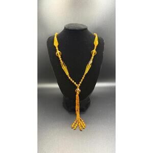 Antique Art Deco 1920s Faceted Amber Glass Bead Tassel Necklace